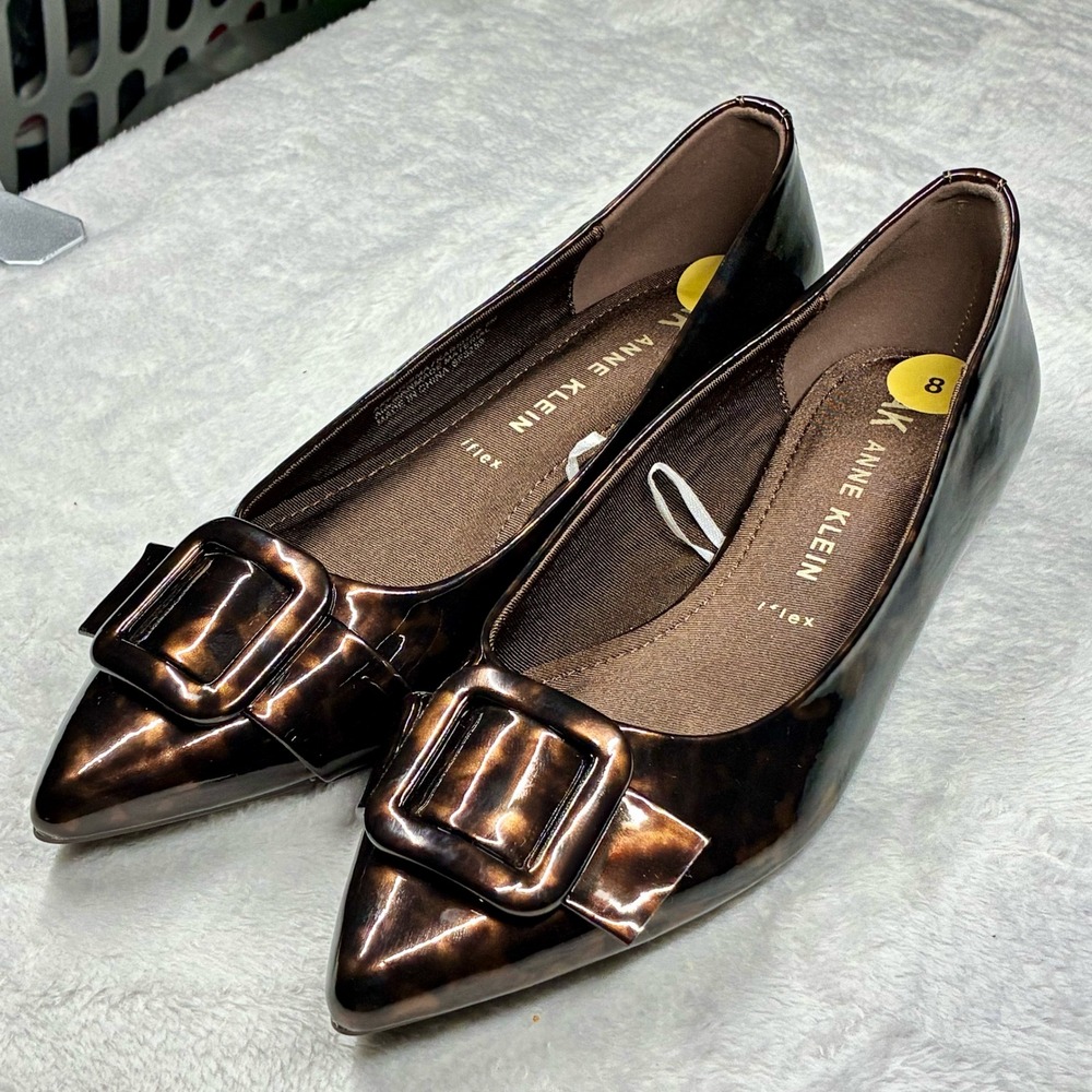 Anne Klein Karisma Tortoise Shell Pointed Toe iFlex Flats Brown Buckle Shoes 8M